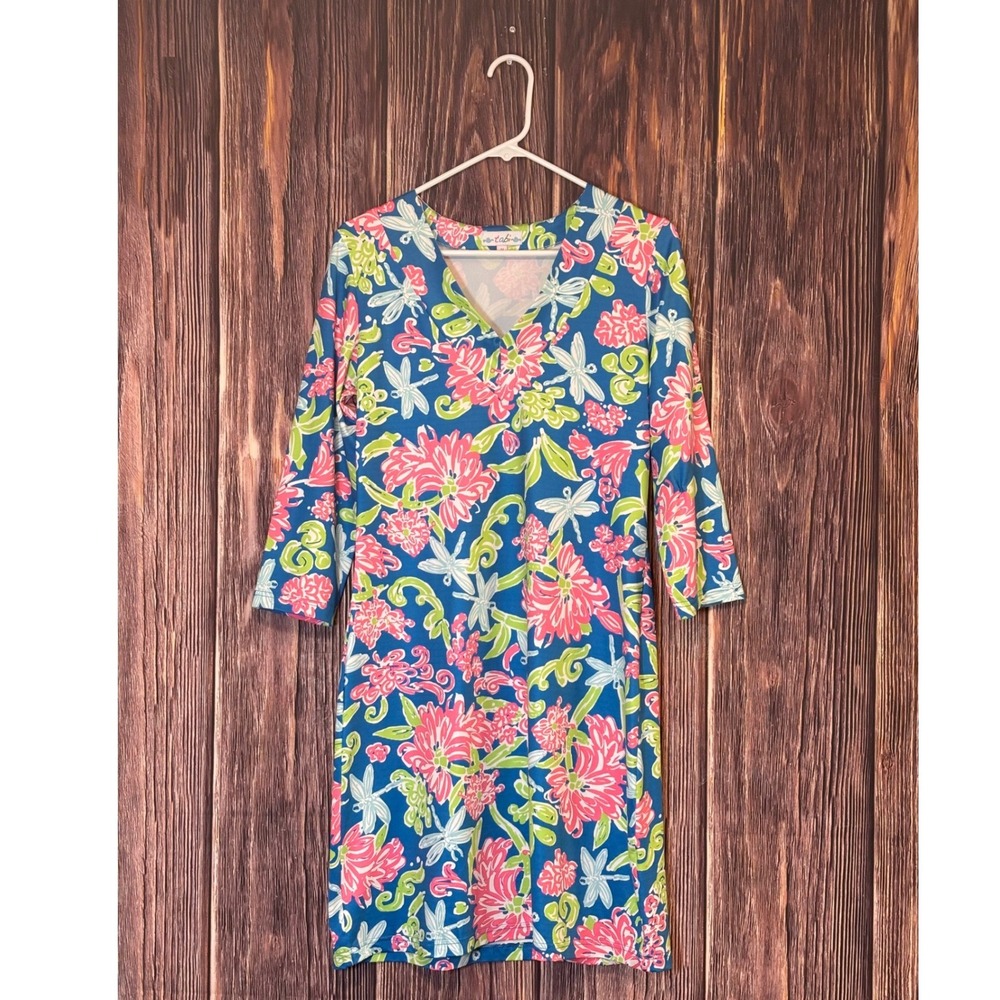 Tabi Shift Dress Womens M Blue Pink Dragonfly Floral V-Neck 3/4 Sleeve